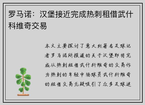 罗马诺：汉堡接近完成热刺租借武什科维奇交易