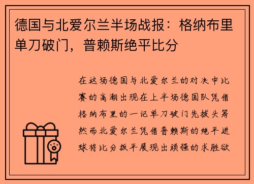 德国与北爱尔兰半场战报：格纳布里单刀破门，普赖斯绝平比分