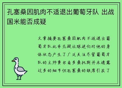 孔塞桑因肌肉不适退出葡萄牙队 出战国米能否成疑